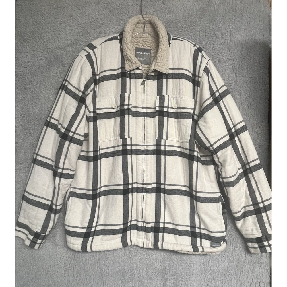 Hollister Jacket Men's XL Sherpa Lined Shacket Black & Cream Plaid Flannel‎